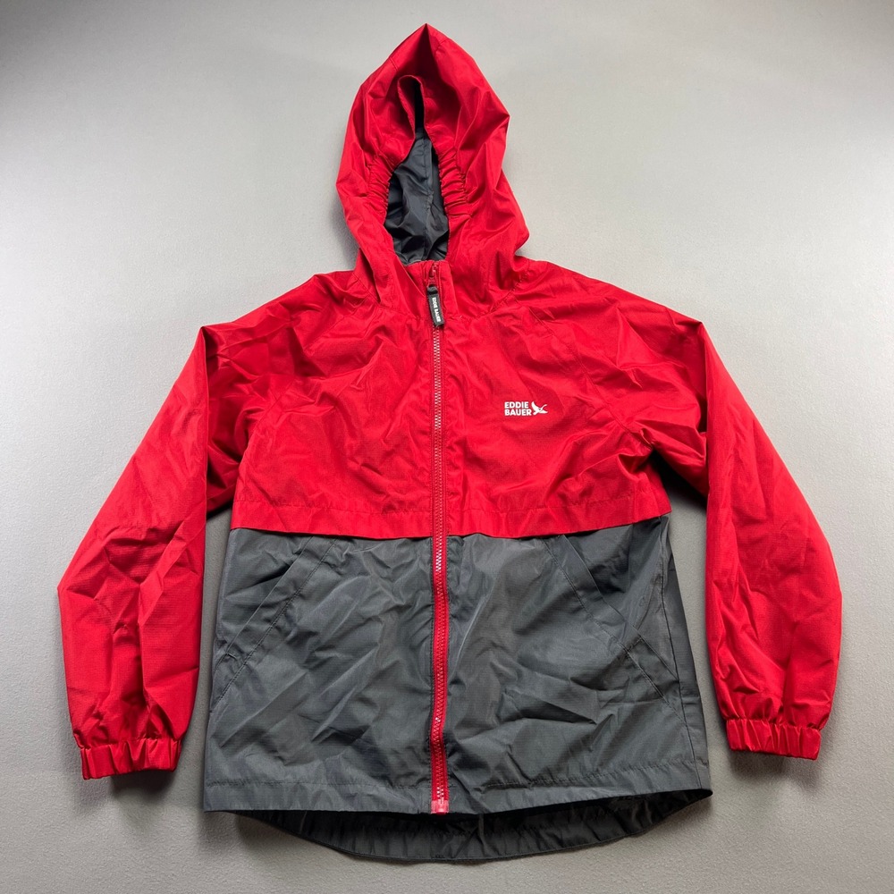 Eddie Bauer Windbreaker Jacket Kids S 7-8 Red Gray Colorblock Hooded Full Zip
